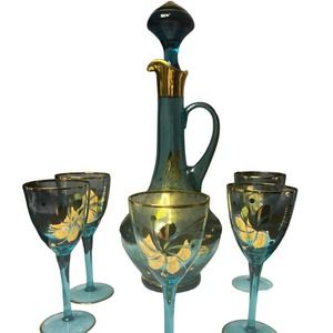 MCM Hungarian Teal Blue Decanter and Glass Set